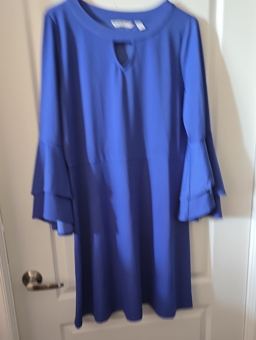 Isaac Mizrahi cobalt blue dress layered neckline trim bell Shape Sleeve. Large.